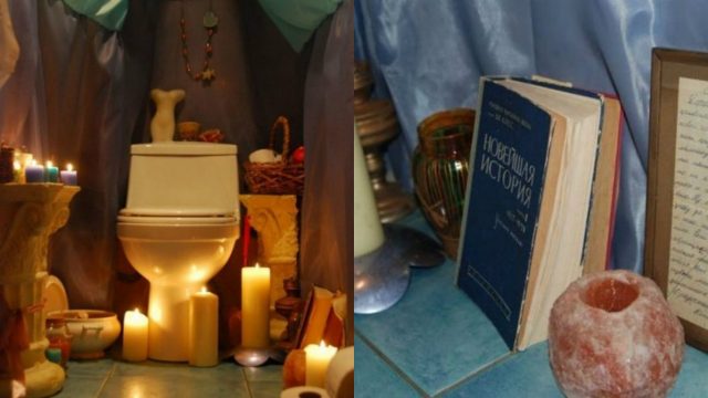 Уголок задумчивости: свечи, письма, цветочные лепестки… Вот только вопрос – зачем всё это в туалете? :)