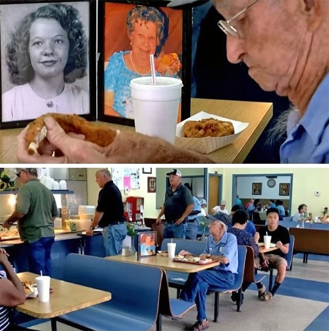Дедушка обедает с портретом своей любимой