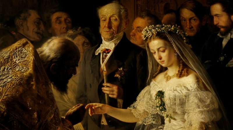 репродукция картины Пукирева "Неравный брак" - плачущая невеста, старый жених
