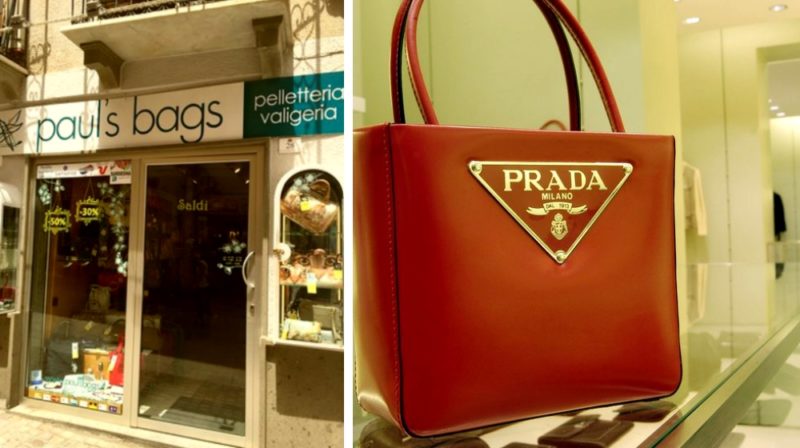 слева - вход в бутик Полс Бэгс, справа - брендовая сумочка Прада ярко-коричневого цвета с золотистой отделкой