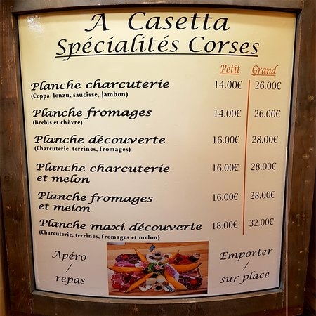 Меню ресторана A Casetta в Кальви в рамочке