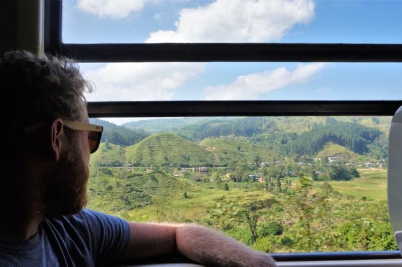мужчина в очках с бородой через окно вагона рассматривает проплывающий горный пейзаж