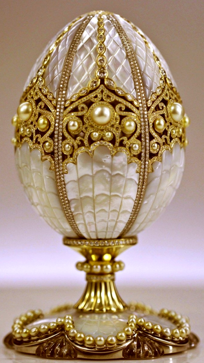 золоченное яйцо компании Fabergе Limited под названием “Жемчужина” с обилием жемчуга и бриллиантов