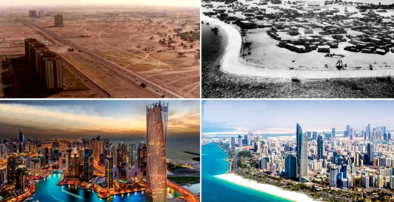 сравнение в двух фотомонтажных парах образов старого и нового Дубаи