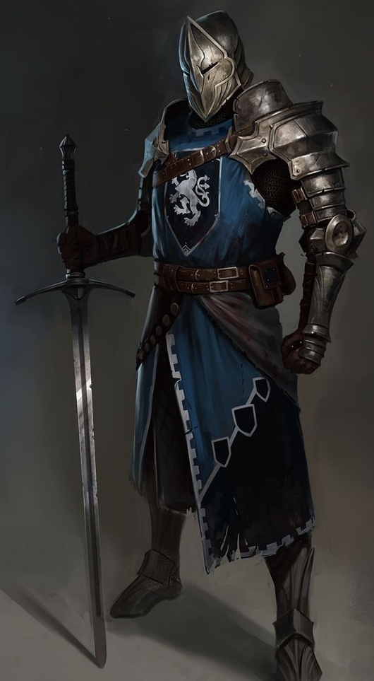 средневековый тевтонский рыцарь с мечом и в полном облачении, включая закрытый шлем