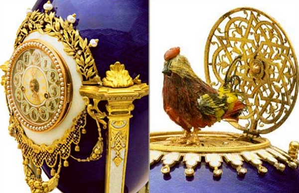 монтаж из 2 изображений фрагментов яйца Фаберже “Петушок” - часы и петушок