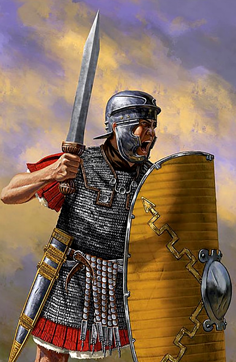 вооруженный коротким мечом и щитом римский легионер