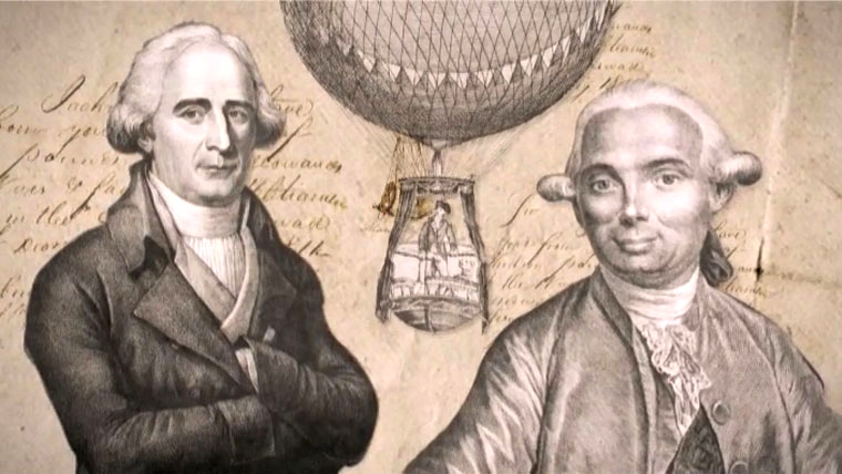 братья Монтгольфье на рисунке конца 18 века с воздушным шаром между ними