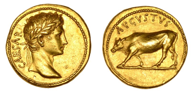 римский золотой денарий времен Октавиана Августа