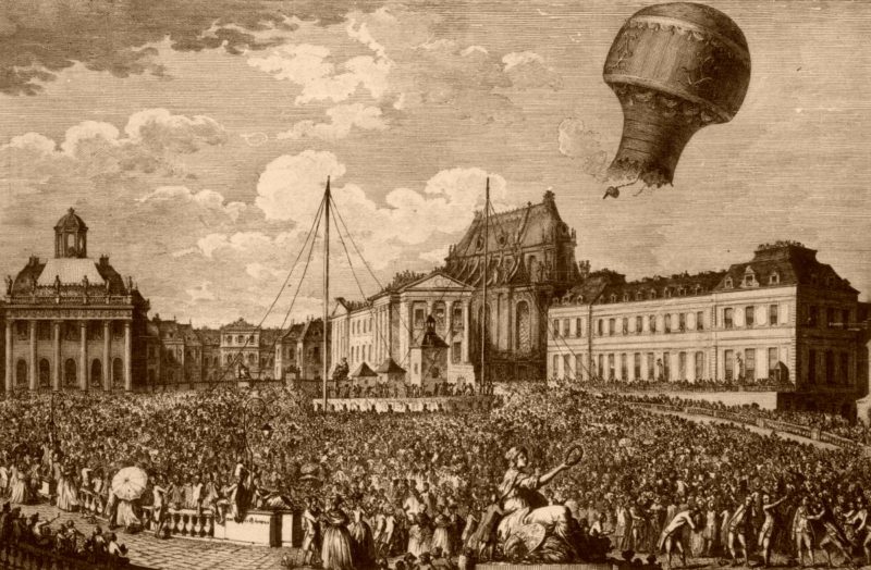 первый воздушный шар поднимается в небо - нравюра 18 века