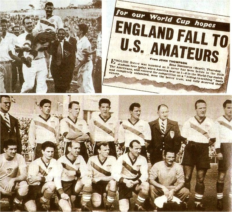 коллаж - газетная вырезка и фото участников матча ЧМ-1959 США-Англия