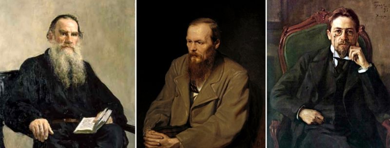 коллаж - писатели Толстой, Достоевский и Чехов (портреты 19 века)