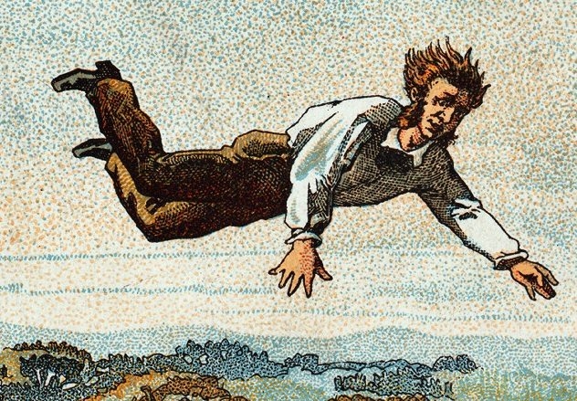 выпавший из корзины пилот воздушного шара - рисунок середины 19 века