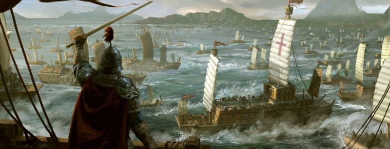 море с массой кораблей в нем - на ближнем плане рыцарь