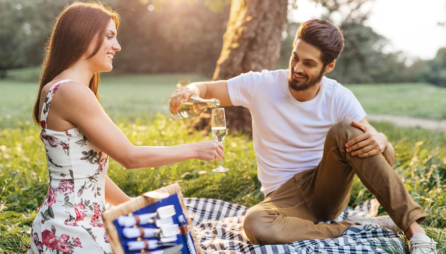 30 шагов. Romantic young guy making proposal to his Surprised girlfriend on Picnic at Park.