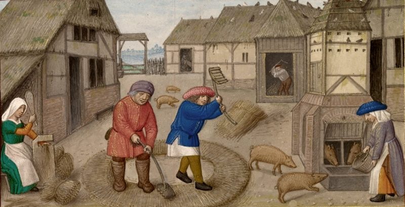 поселенцы за работой во дворе - древняя гравюра