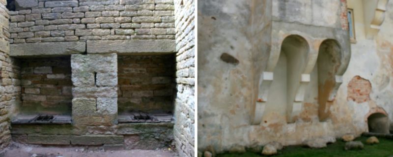 коллаж - вид туалета изнутри и снаружи средневекового замка