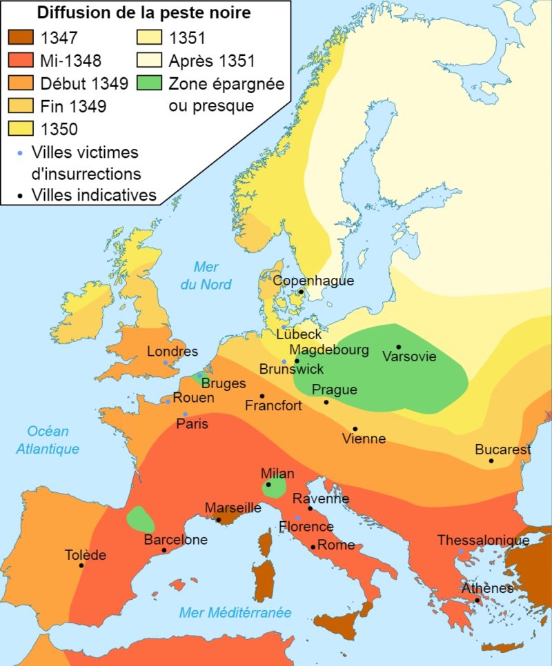 карта распространения чумы в Европе в 1346-1353 гг
