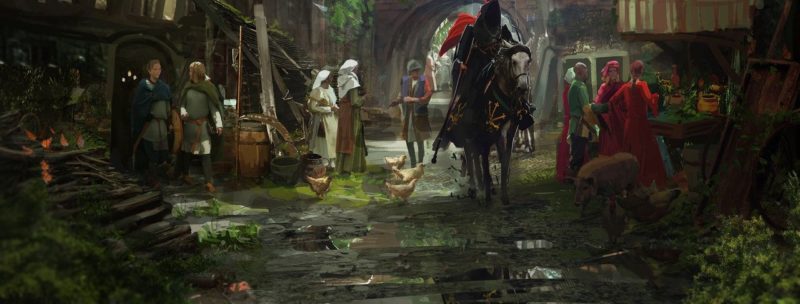 улица средневекового города с животными и людьми на ней - иллюстрация