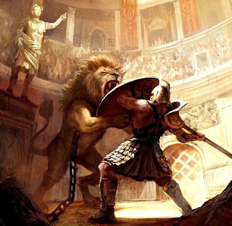 гладиатор дерется со львом