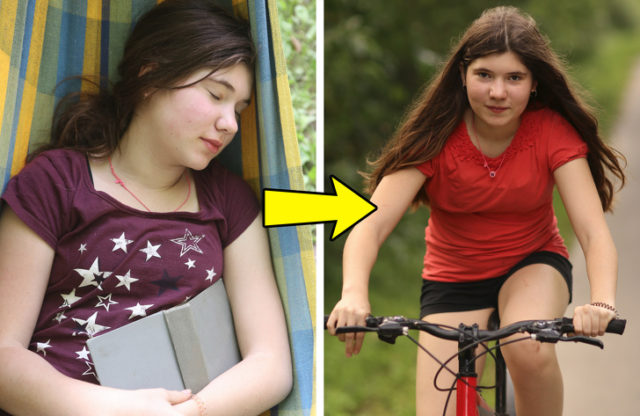 девочка спит и катается на велосипеде
