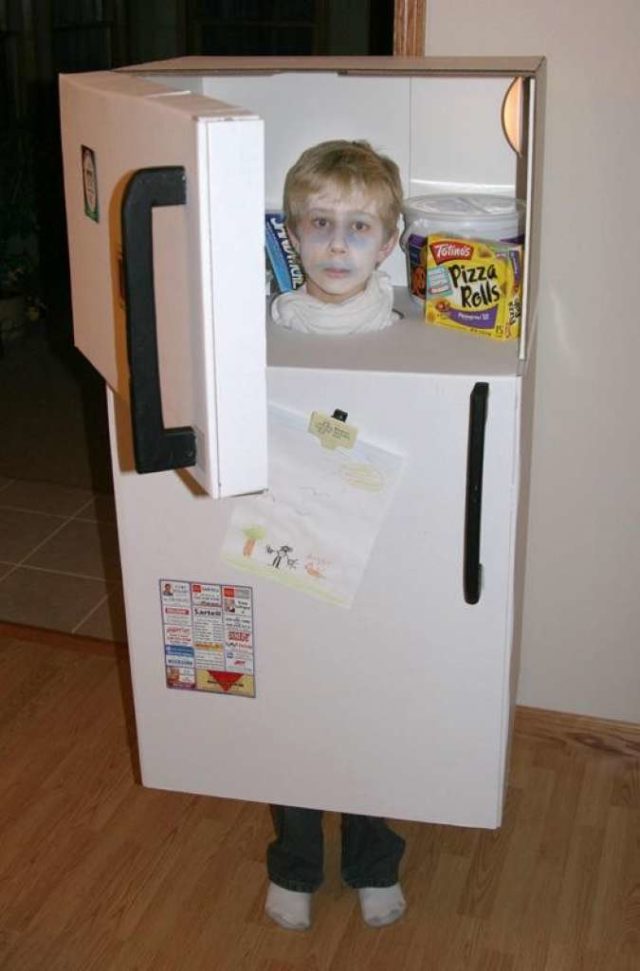 мальчик в картонном холодильнике
