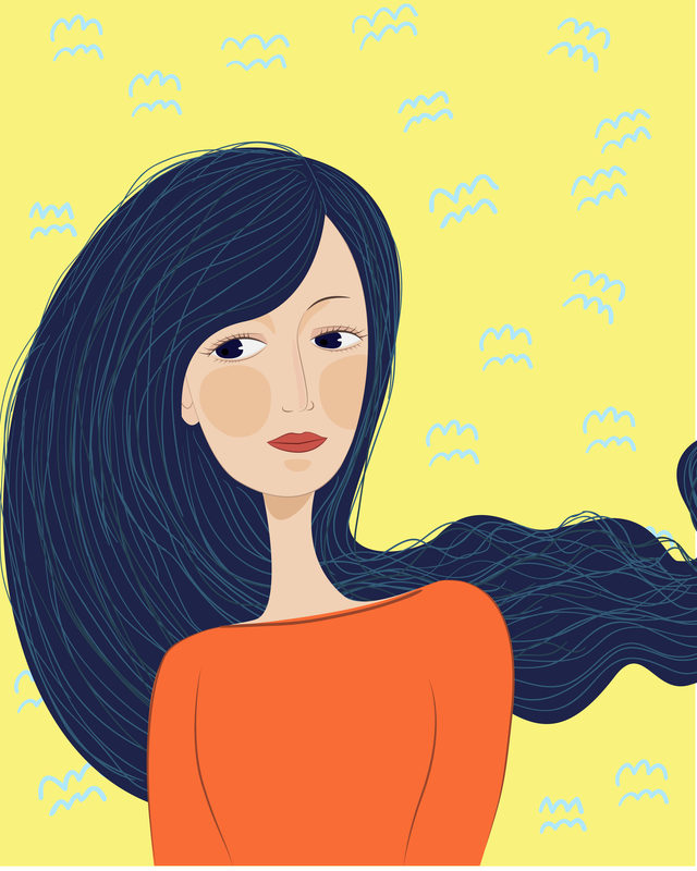 рисунок девушки брюнетки с длинными волосами