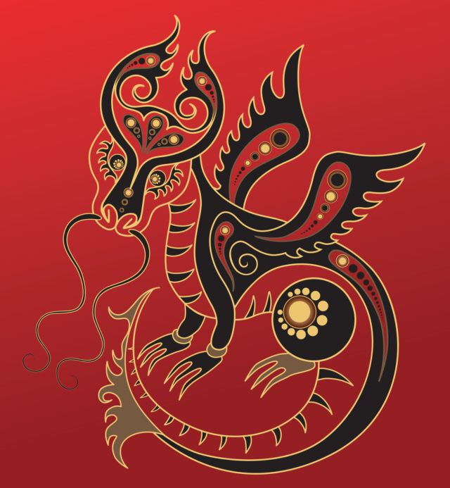рисунок дракона на красном фоне