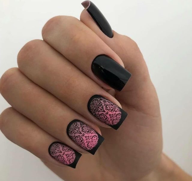 черно-розовые ногти с узором